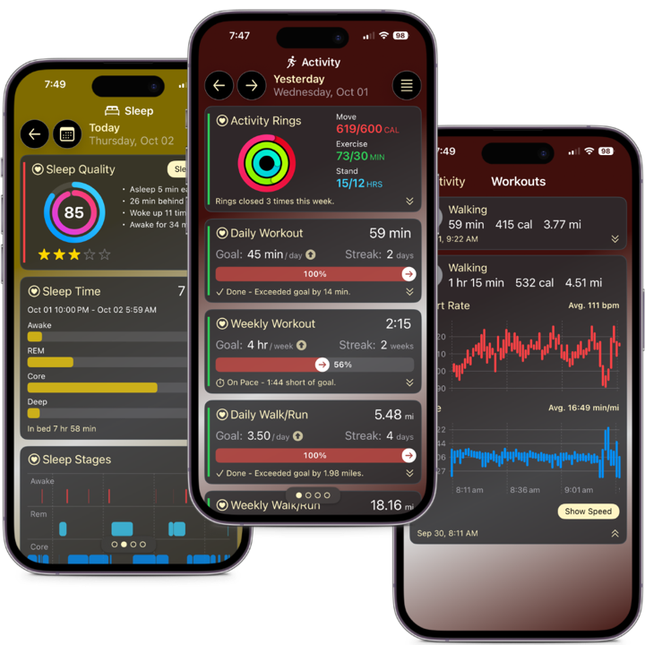 mCoreHabit showing sleep, activity and workout habits on three iPhones