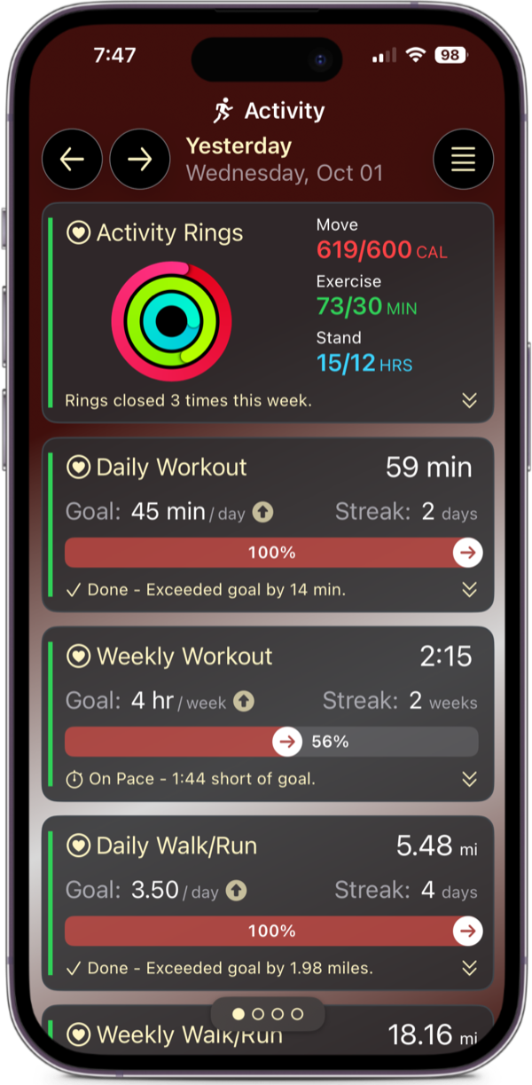 Activity: activity rings and daily workout and walking goals