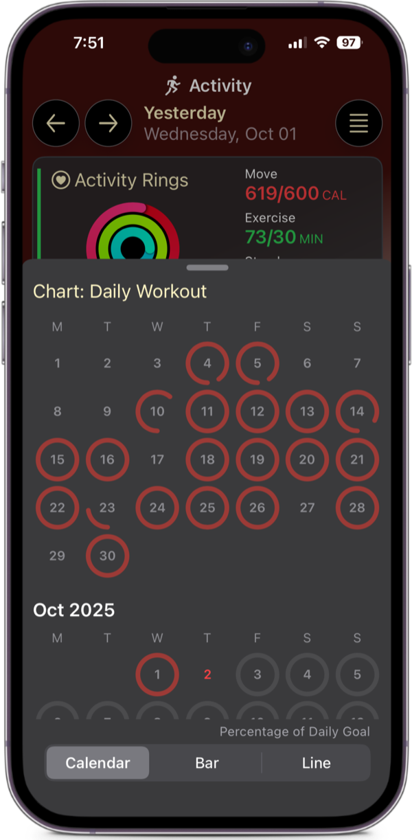Chart of a daily workout habit as a calendar of goal rings